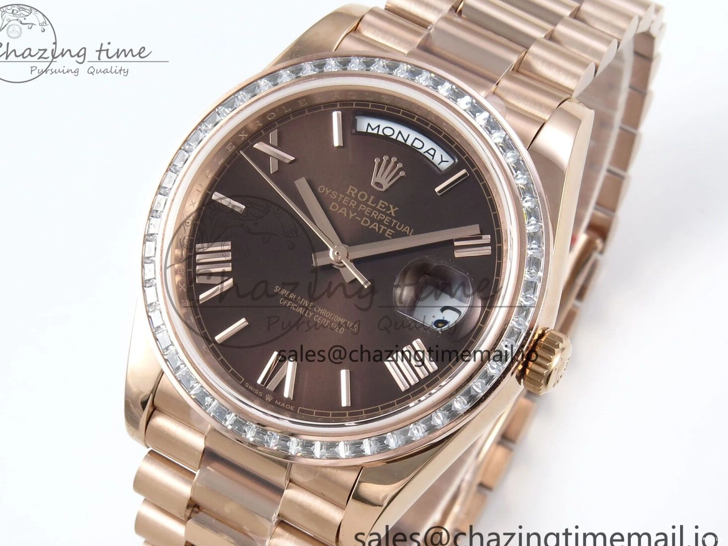 MiroTime 0521 Lightweight DayDate 40 RG QF 1:1 Best Edition Brown Roman Dial Diamonds Bezel on President Bracelet A2836 V5 (Gain Weight) 475
